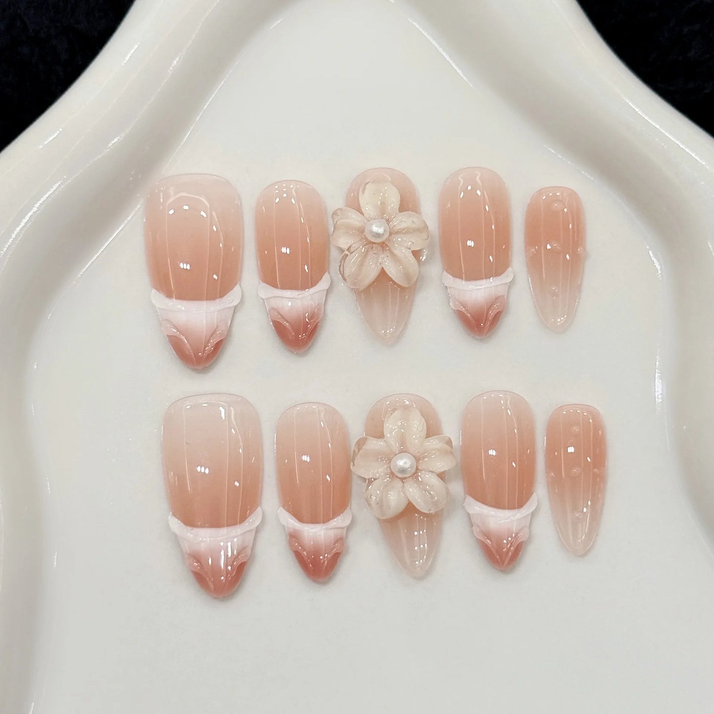 10Pcs Handmade Nude Pink Press on Nails Ins Carved Petal Design Fake Nails Wearable Full Cover French Almond False Nail Tips Peaceful Pleasures Health and Wellness XS