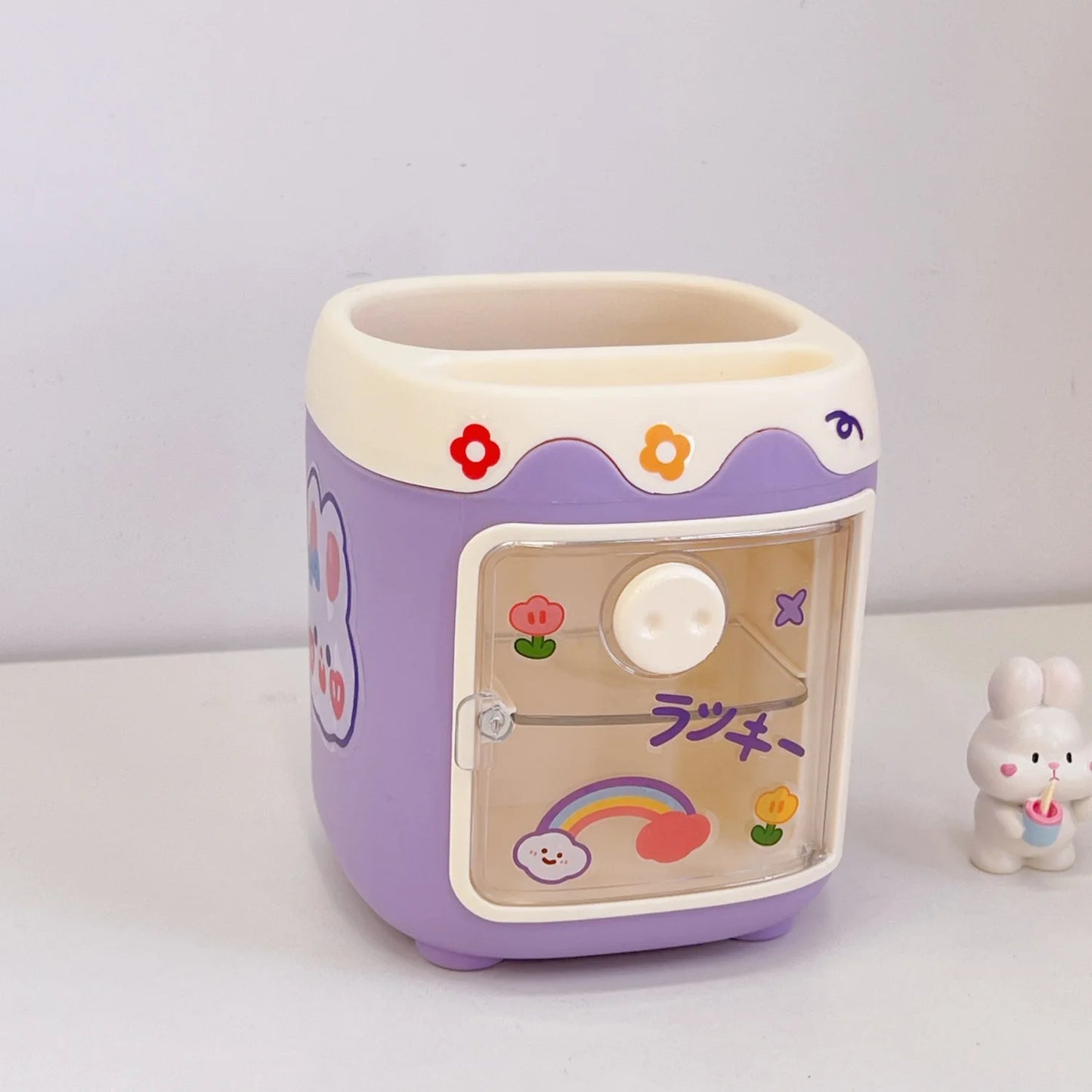 1PC Kawaii Pig Pen Pencil Pot Holder Brush Storage Container Desk Organizer Multifunction washi tape Stationery Office Supplies Peaceful Pleasures Health and Wellness Purple-With Stickers