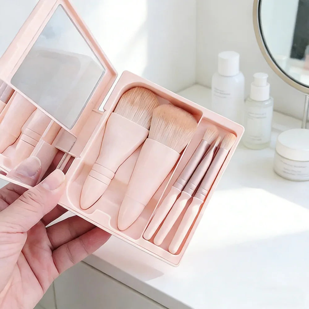 5Pcs Portable Makeup Brush Set With Mirror - Foldable Travel Kit ,Mini Makeup Brush Set Travel Makeup Brush Set Peaceful Pleasures Health and Wellness Pink