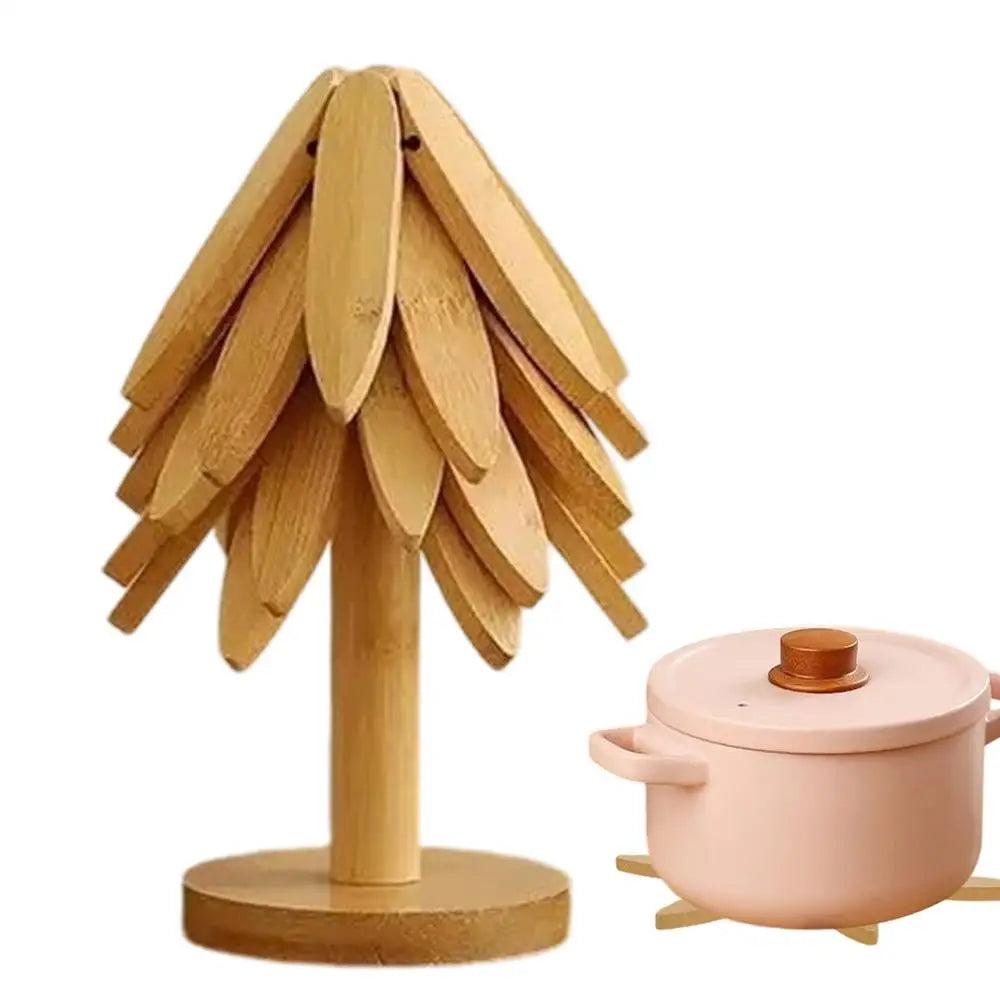 Natural Tree Trivet Set Foldable Aesthetic Placemat Foldable Christmas Tree Coasters For Hot Dishes Bowls Cups Drinks Teapots Peaceful Pleasures Health and Wellness Bamboo color China Mainland