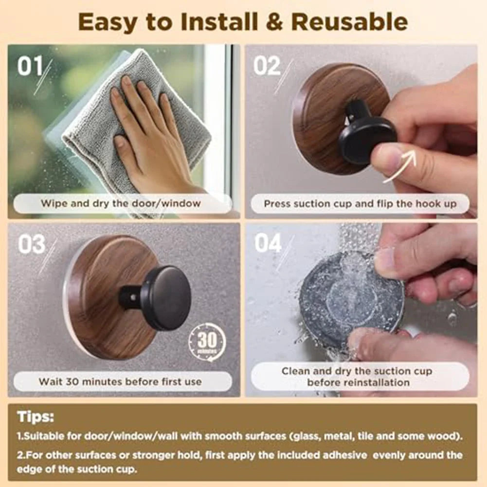 LEENKEA 2-Pack Wooden Suction Cup Hooks | No-Drill Wall Hooks