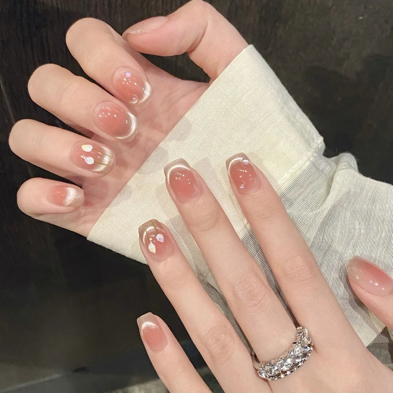 Pink Blush French Cat Eye Press On Nails | Short Coffin 10pcs