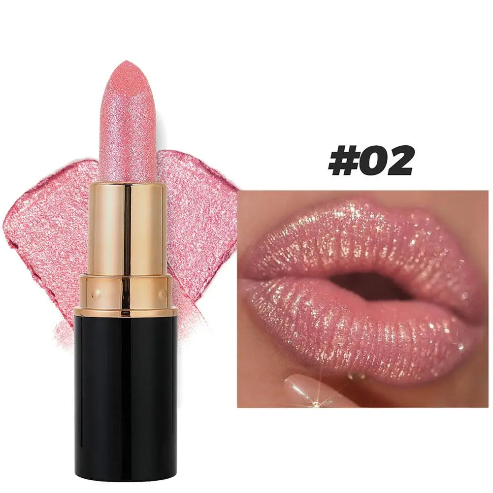 6 Colors Glitter Lipstick Waterproof Lasting Diamond Pearlescent Metallic Lipstick Women Lips Makeup Cosmetic Peaceful Pleasures Health and Wellness 02