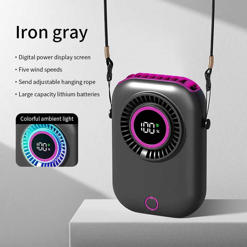 Bladeless Neck Fan USB Rechargeable 5 Speeds RGB – Portable