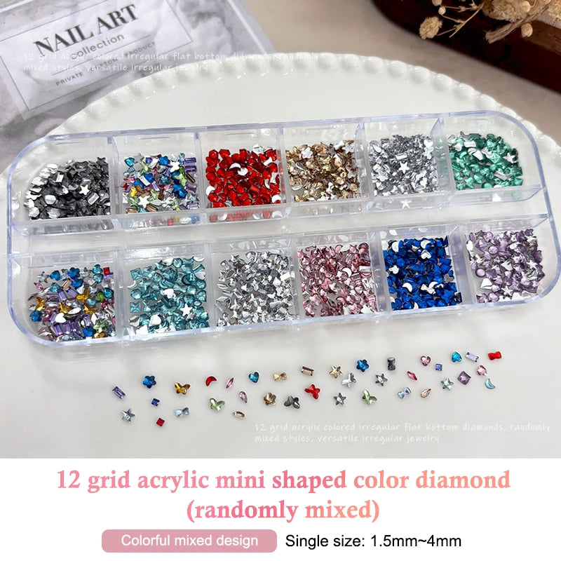 12 Grids Mix 3D Flatback Nail Rhinestones Mini Crystal Diamonds Nail Art Glitter Charm DIY Manicure Decor Accessories Peaceful Pleasures Health and Wellness A1