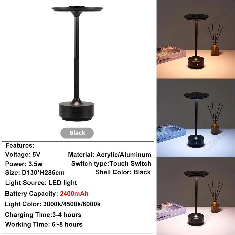 Rechargeable Alloy Table Lamp for Bedroom Wireless Touch Lamp Camping Candle Creative Desk Lamp USB-C Charging 2400mAh Peaceful Pleasures Health and Wellness Matte Black