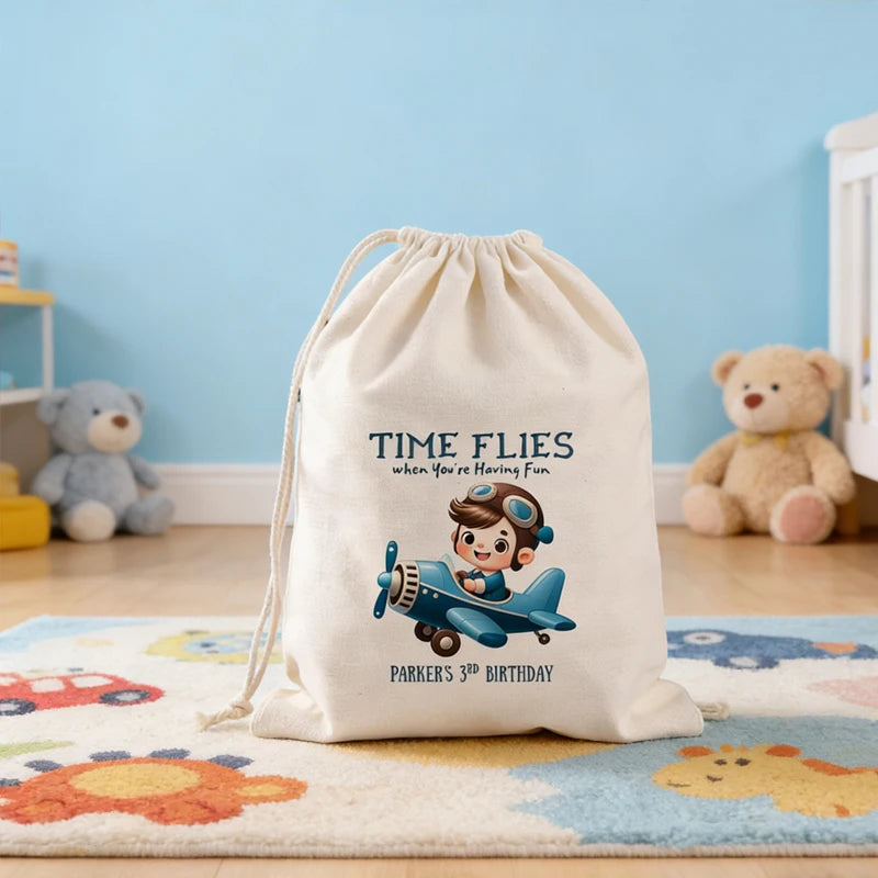 Personalized Pilot Airplane Drawstring Party Favor Bags for Boys
