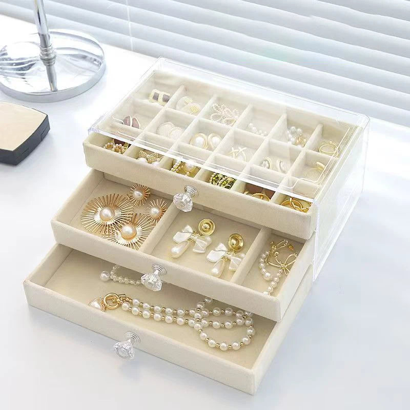 Clear Acrylic Velvet Jewelry Organizer with 3 Drawers, Stackable Display Storage Earrings Necklace Rings Bracelets Box Holder Peaceful Pleasures Health and Wellness Beige