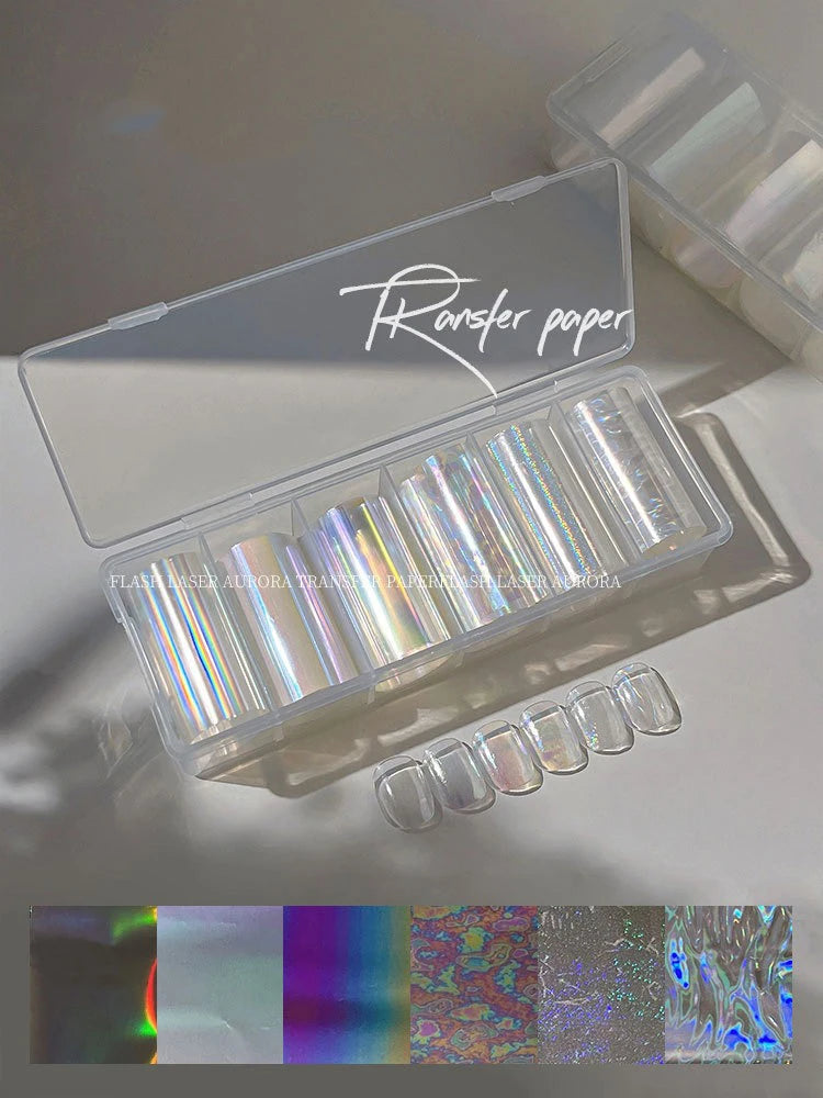 6 Rolls Holographic Aurora Nail Transfer Decals – Iridescent DIY