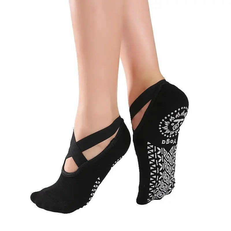 Bandage Yoga Pilates Socks for Women Ballet Dance Cotton Socks Anti-slip Woman Sport Sock Gym Workout Slipper Running Grip Sock Peaceful Pleasures Health and Wellness 1pair Black