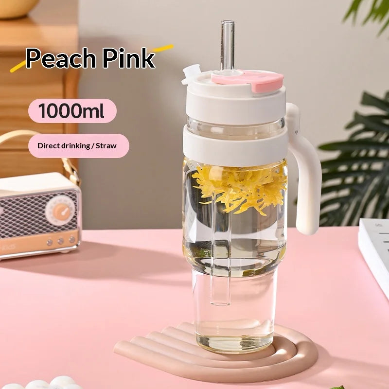 1000ml Cross Border Popular Large Capacity Flower Tea Cup, Straw Glass Cup, High Borosilicate Car Ice Cream Cup Peaceful Pleasures Health and Wellness Pink