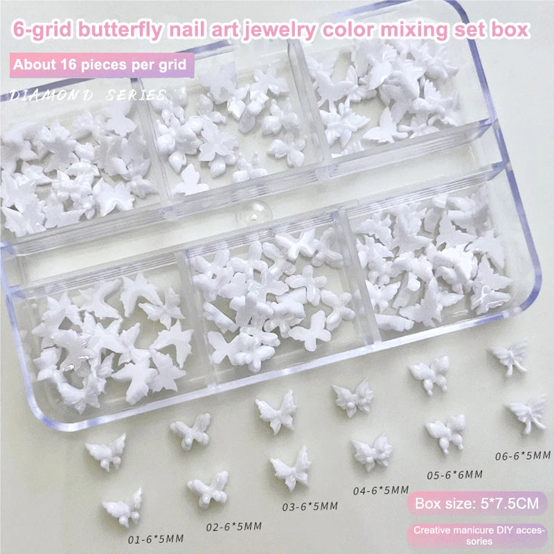 6 Grid Small Butterfly Nail Charms 6*5mm 3d Resin Colorful Butterfly Nail Art Flat-Back Butterfly Nail Parts Peaceful Pleasures Health and Wellness White
