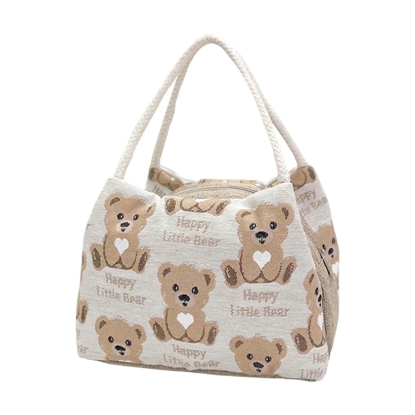 Cute Bear Pattern Lunch Tote Pouch Portable Large Capacity Storage Bag for Outdoor Picnic Hiking Camping Peaceful Pleasures Health and Wellness Creamy White