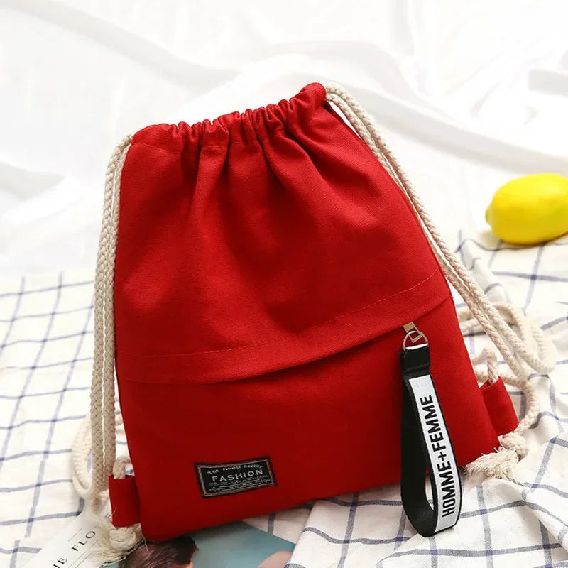 Canvas School Bag Double Shoulder Drawstring Backpack Pocket Portable