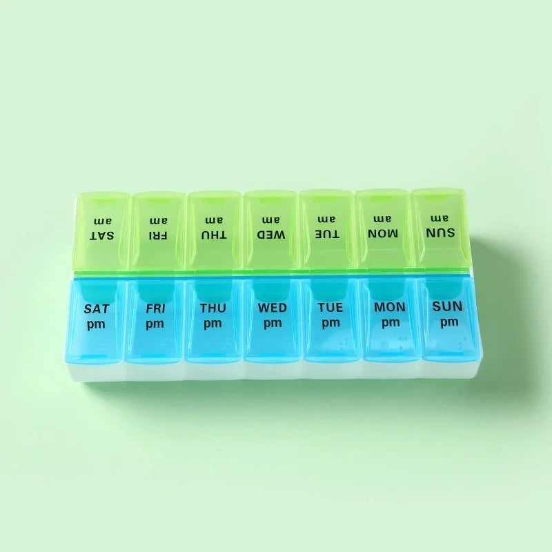 7 Days a Week Pill Organizer Morning & Night Pill Holder Travel Medicine Storage Box Splitter for Easy Medicine Management Peaceful Pleasures Health and Wellness green