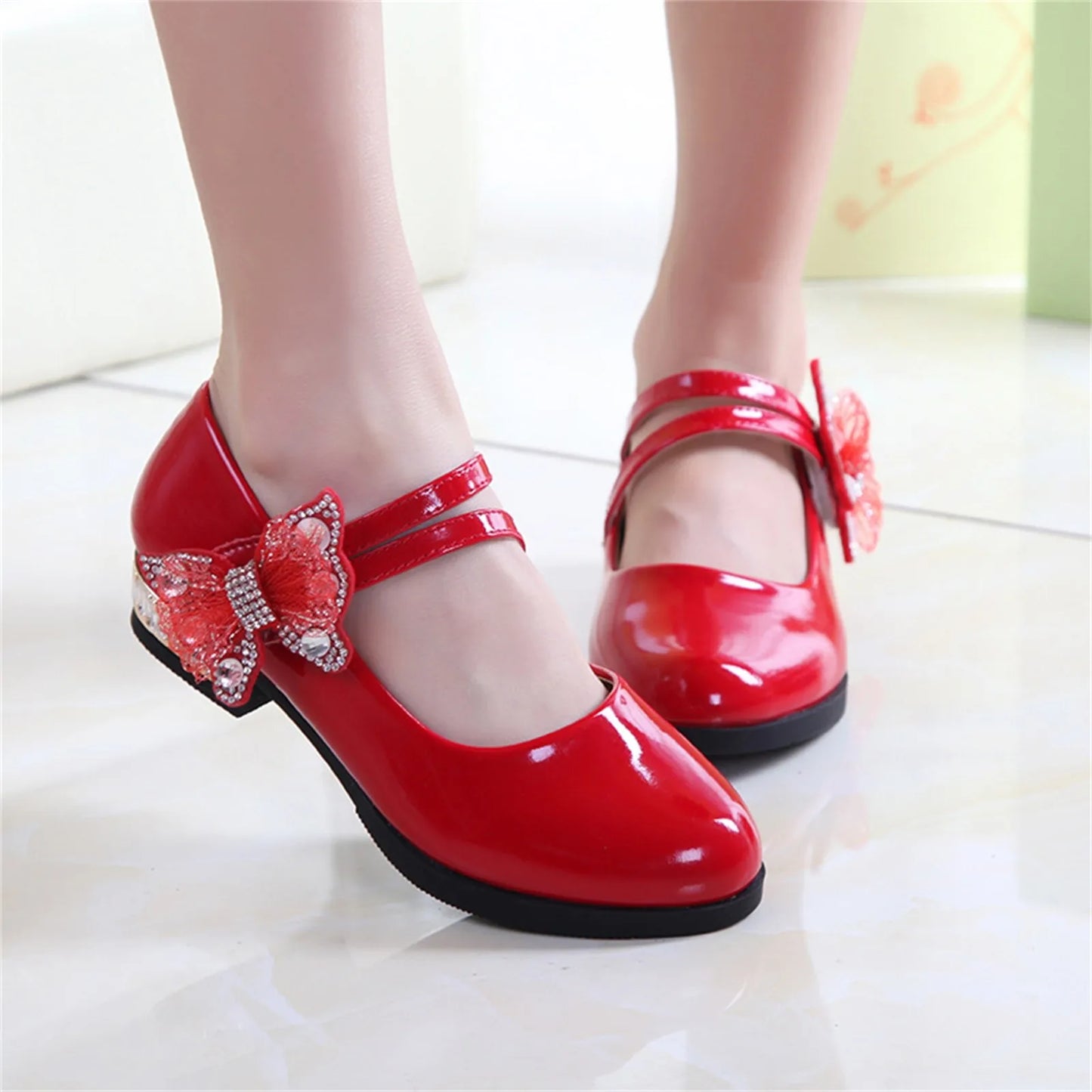 Girls Rhinestone Party Shoes – Butterfly-Knot Kids High Heels
