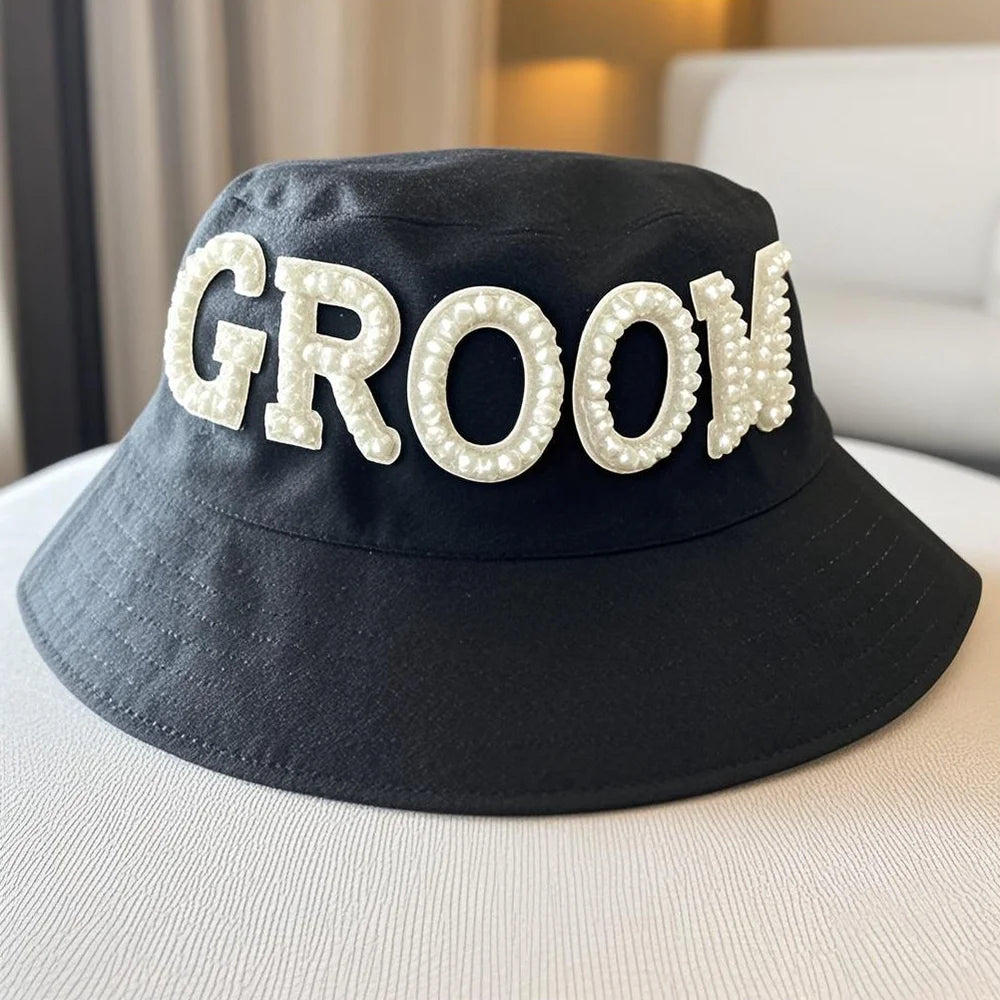 Bride & Groom Pearl Letter Fisherman Hat | Wedding Beach Cap