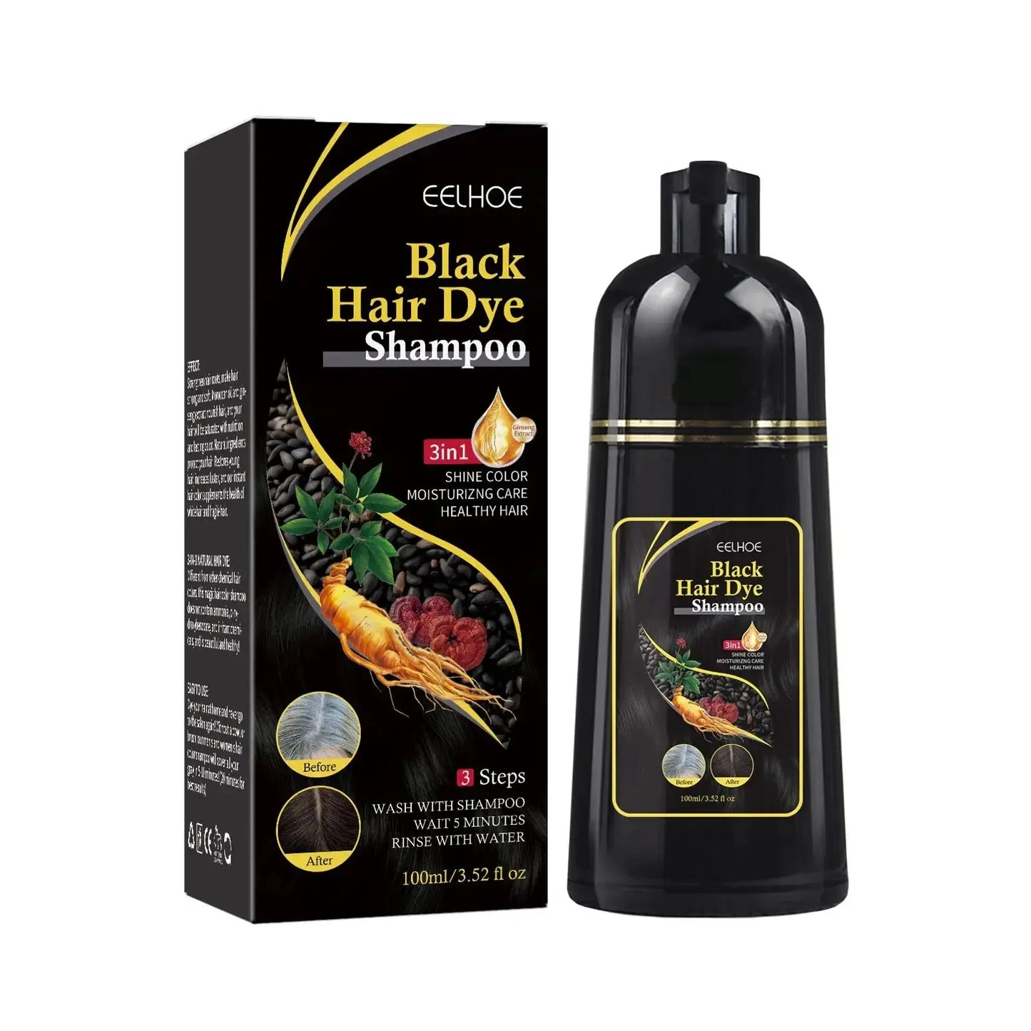 EELHOE Hair Color Dye Shampoo | Gray Coverage, Deep Nourishment & Repair, Polygonum Multiflorum, 100ml Peaceful Pleasures Health and Wellness black 100ml boxed