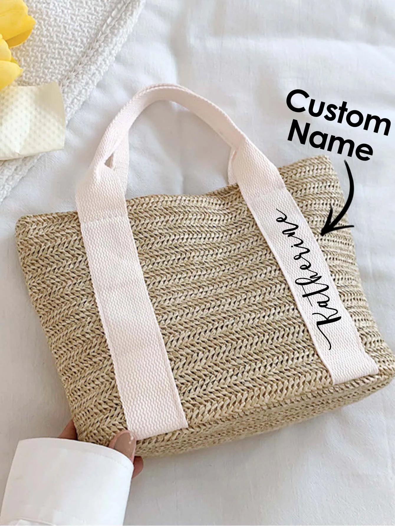 1pc Custom Name Handbag Personalized Tote Bag Woven Shoulder Bag Reusable Grocery Bag Gift for Mom Her Girlfriend Wife Birthday Peaceful Pleasures Health and Wellness White One size