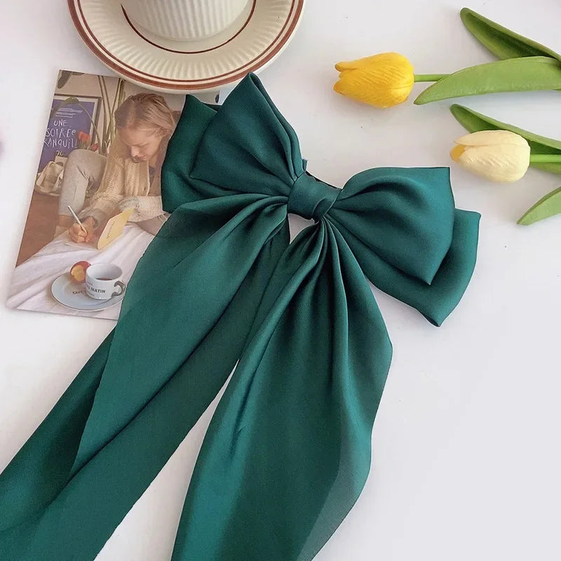 Korean Accessories Hair Clips Women Girls Big Bowknot Solid Satin