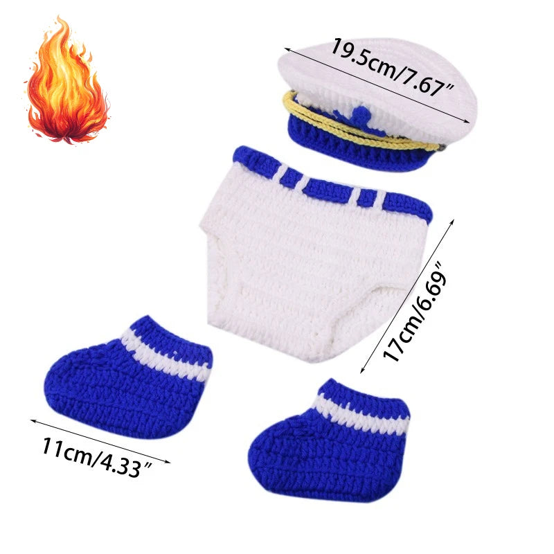 Nautical Police Crochet Costume Set 2/3Pcs - Handmade Sailor Style Newborn Baby Boy Photo Outfit with Hat & Booties (0-3 Months) Peaceful Pleasures Health and Wellness Sailor 3pcs set One Size