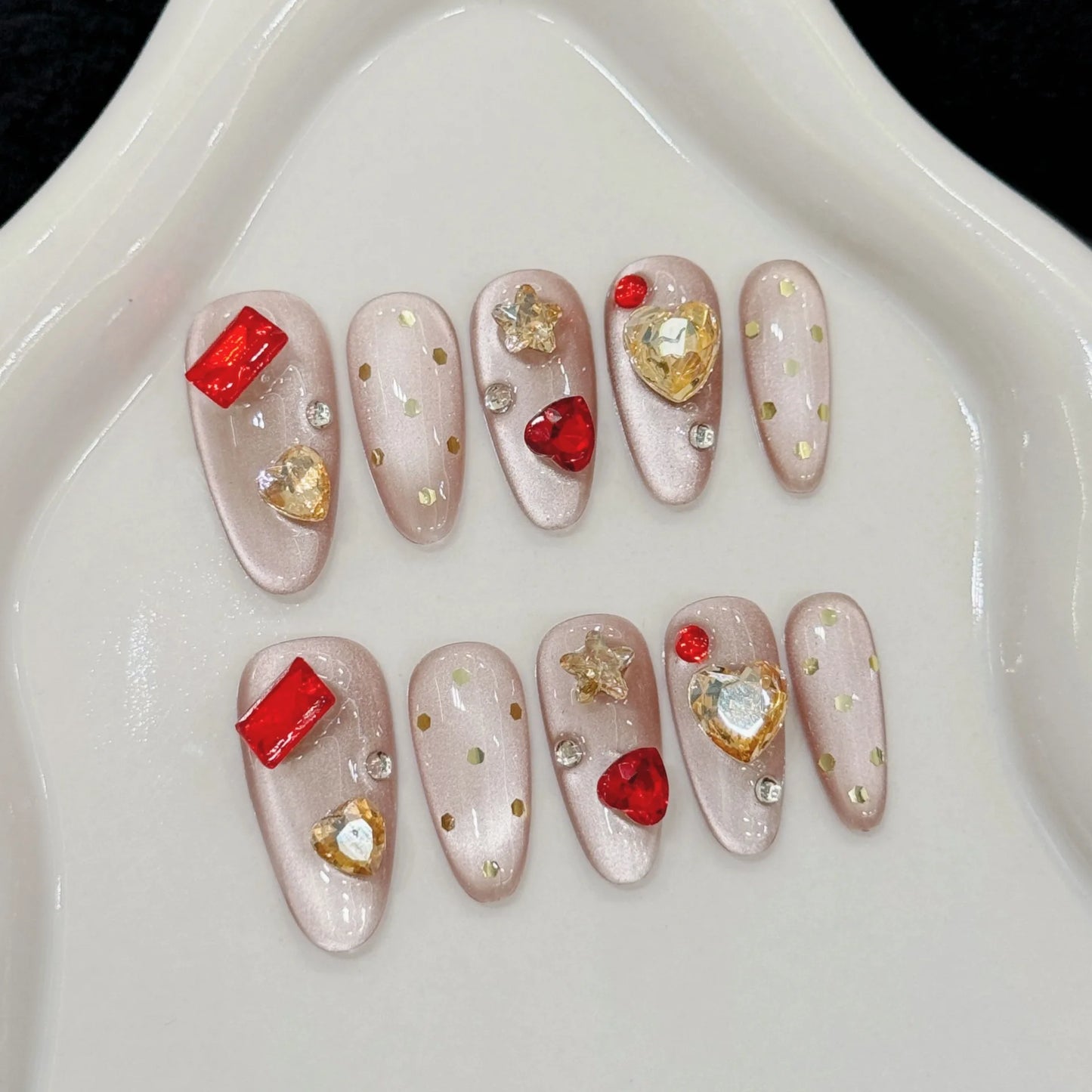 Press On Nails Pink Almond Cat Eye Korean Flower Design – 10pc Press-On Nails Peaceful Pleasures Health and Wellness S 1