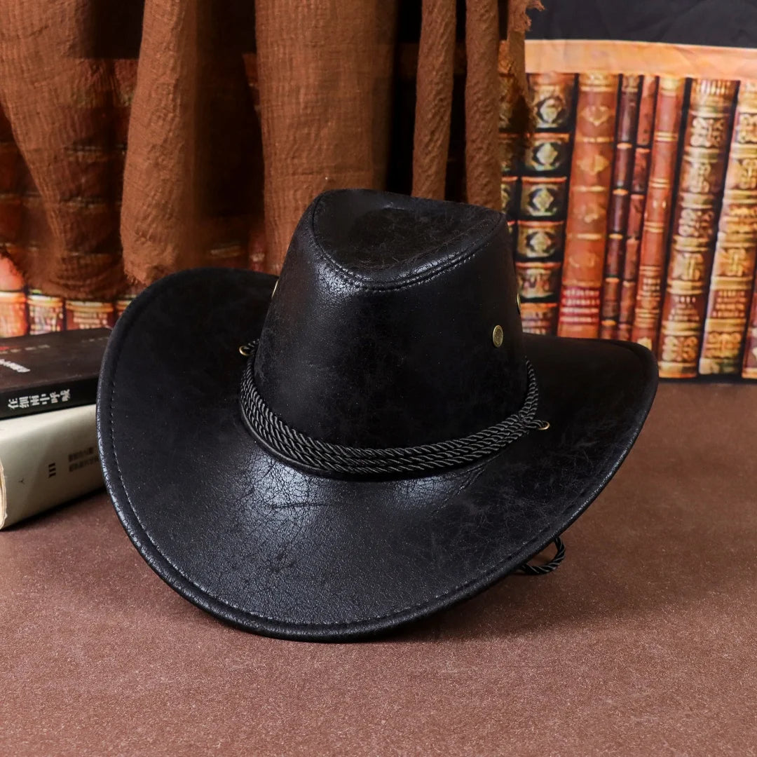 Vintage Faux Leather Western Cowboy Hat Wide Brim Retro Cowgirl Chin