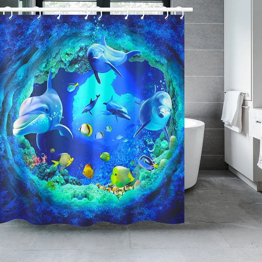 Ocean Underwater World Shower Curtains Set Dolphin Animal Cheerful Marine Life Scenery Polyester Fabric For Kids Bathroom Decor Peaceful Pleasures Health and Wellness C W180xH200cm
