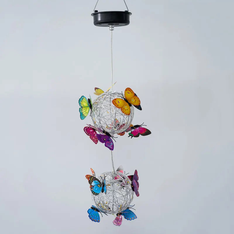 2 Balls Colorful Butterfly Solar Globe Light 4.3in Hanging Outdoor Lantern with Vibrant Butterfly Floral Lamp Solar-Powered Peaceful Pleasures Health and Wellness bigger panel white