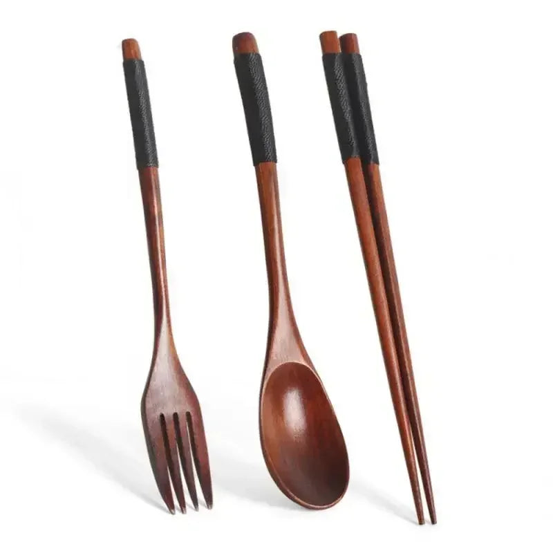 3 Piece Set Stainless Steel Cutlery Wooden Tableware Coffees and Teas Tableware Forks Spoon Korean Plates Dinner Sets Chopsticks Peaceful Pleasures Health and Wellness Style A