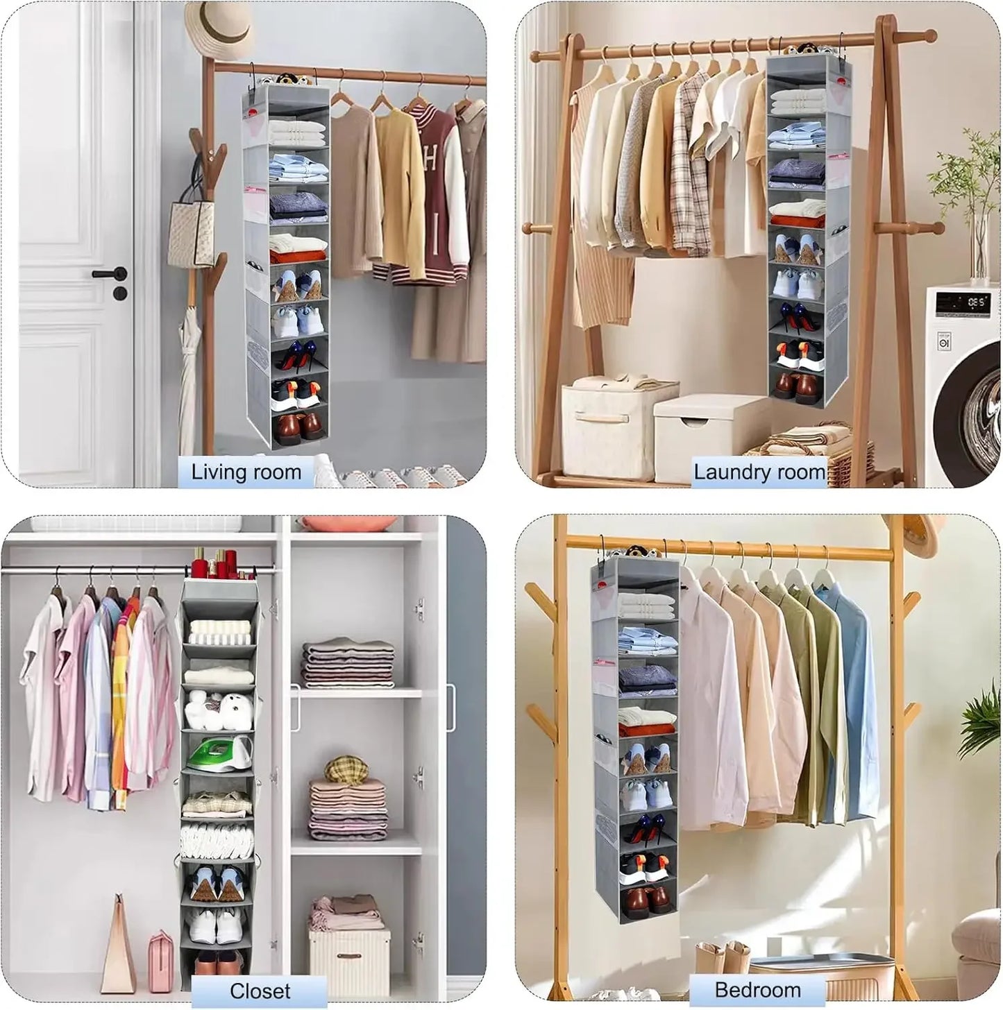 10-Shelf Hanging Shoe Organizer with 8 Side Pockets, Wide Storage for Shoes Clothes Toys, Grey Peaceful Pleasures Health and Wellness
