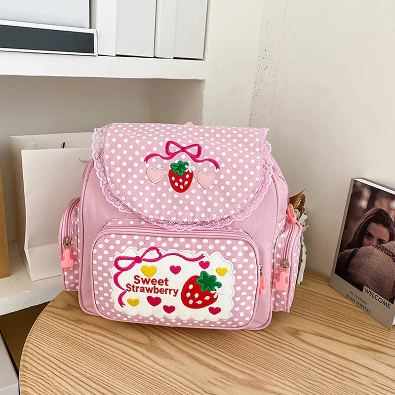 Girls Pink Strawberry Embroidery Canvas Backpack | Kids School Bag