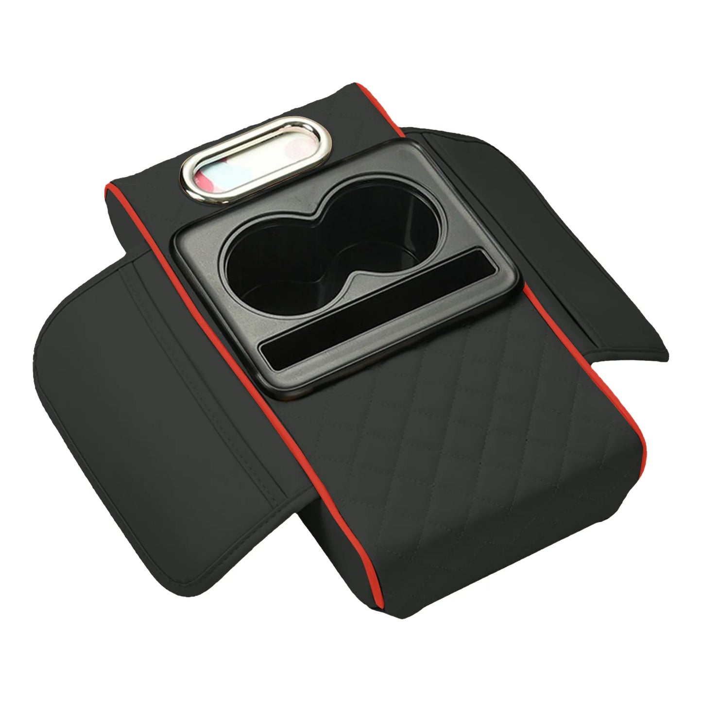 Universal Car Armrest Pad Convenient with Pocket and Tissue Box Bottle Holder Suitable for Truck SUV Van Peaceful Pleasures Health and Wellness Black Red