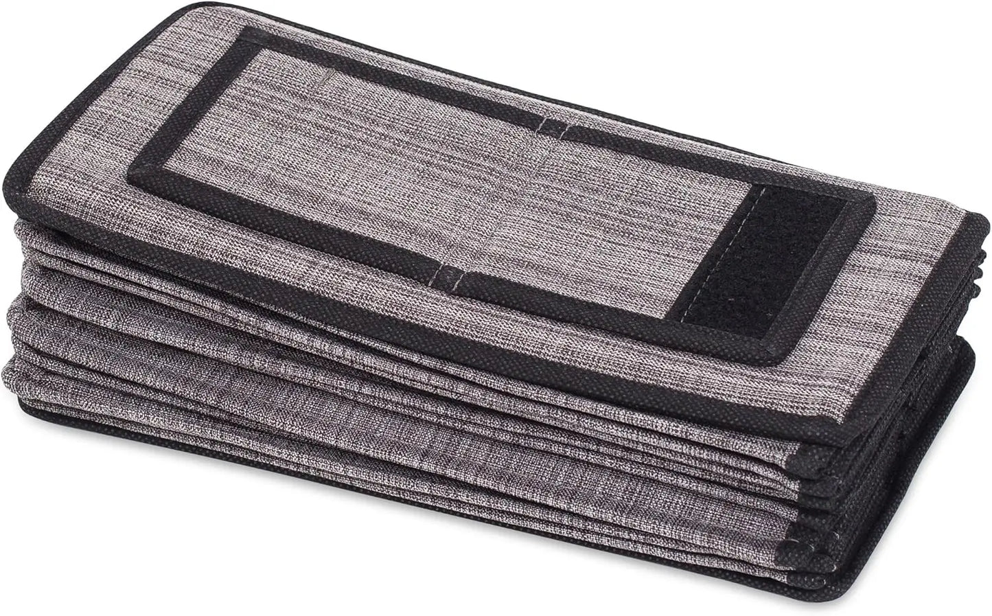 Stack of gray fabric trays with black edges on a white background