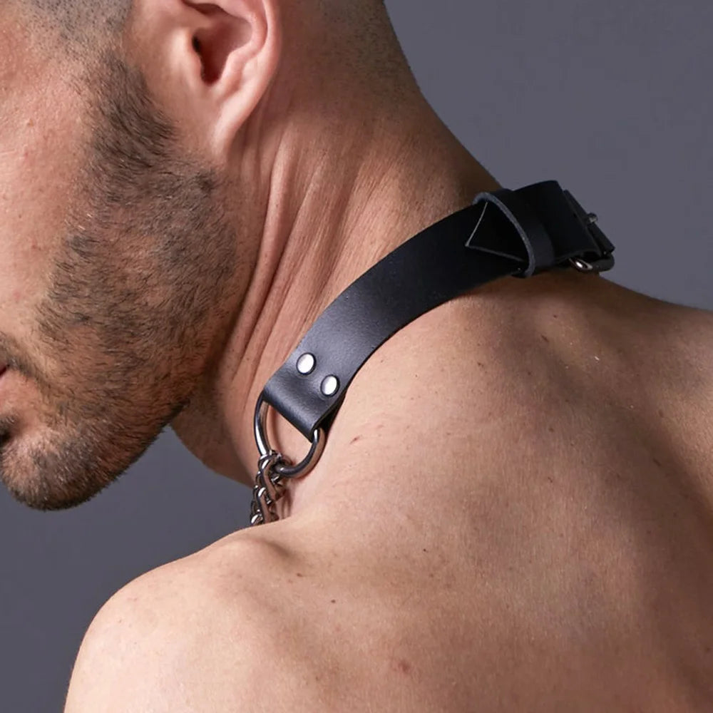 Man Harness Chain Collar PU Leather Handmade Punk Neck Necklace