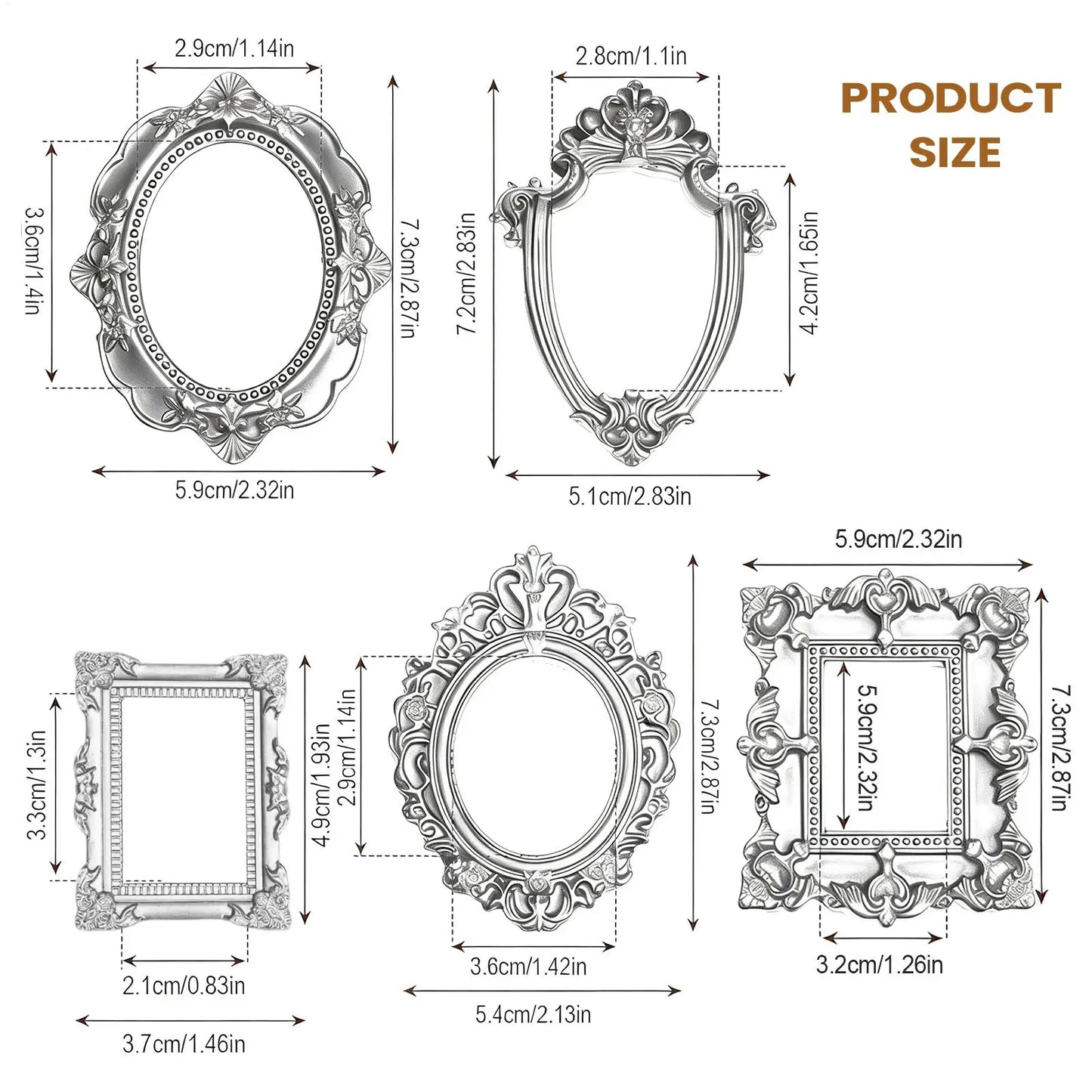 5-Piece Baroque Miniature Photo Frames | Retro Silver Resin Set