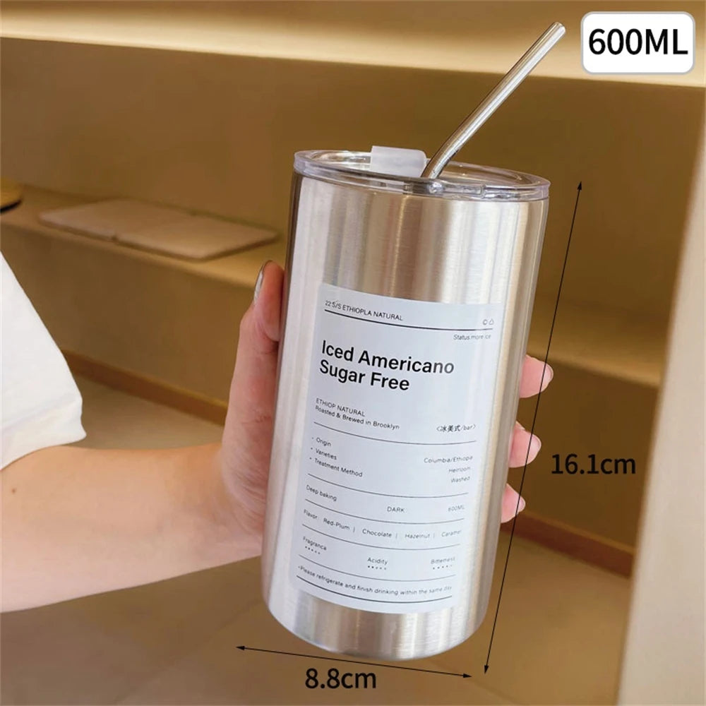 600ml Insulated Stainless Steel Thermos Cup with Straw Insulated Thermos Cup Peaceful Pleasures Health and Wellness WHITE 600ml