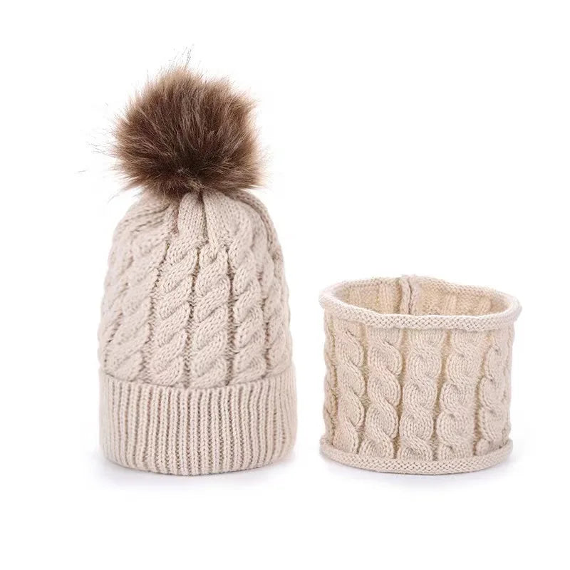 2pcs/set Children's Woolen Hat & Neck Scarf Set, Winter Solid Color Outdoor Cycling Thickened Warm Knitted Hat Peaceful Pleasures Health and Wellness Beige