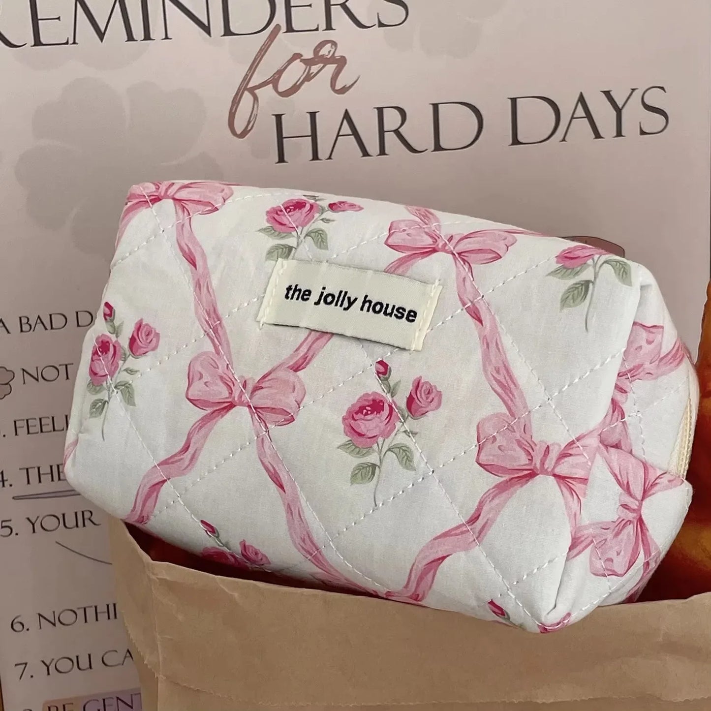 Bow Flower Quilted Makeup Bag – Zipper Cosmetic Organizer