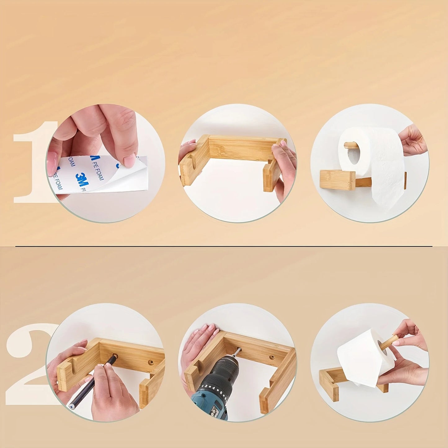 Bamboo Wall Mounted Toilet Paper Holder – Adhesive Wooden Tissue Roll Holder, Japanese Style