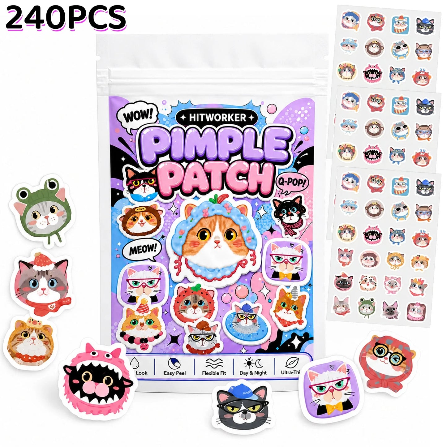 Cute Cat Hydrocolloid Spot Patches – 48/240pc | Day & Night