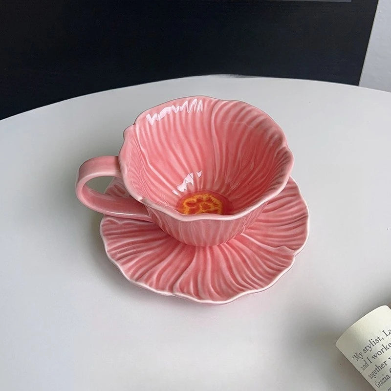 Creative Hand Painted Underglaze Flower Ceramic Coffee Cup and Plate French Retro Petal Afternoon Tea with Cup and Plate Gifts Peaceful Pleasures Health and Wellness pink 350ml