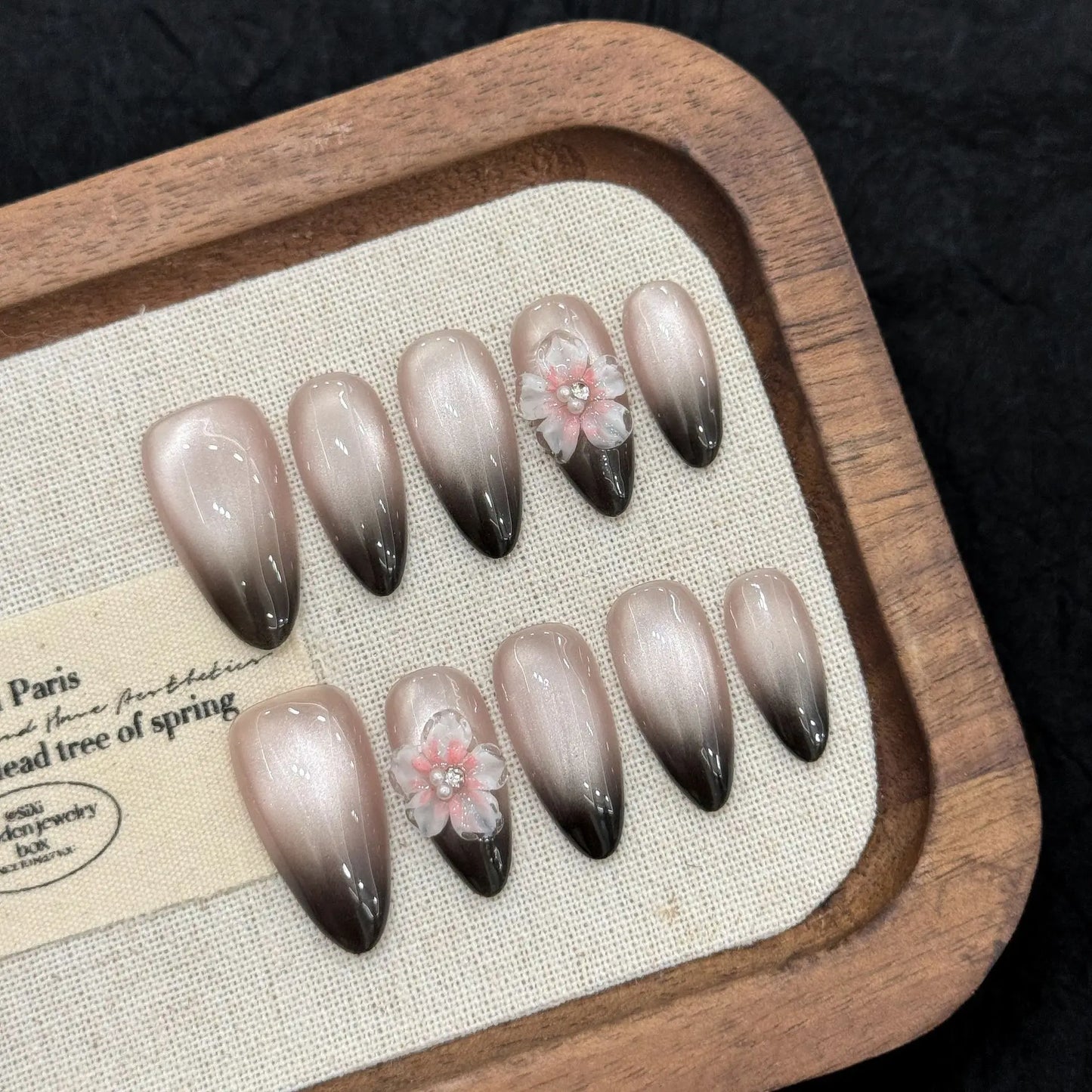 10pcs Handmade Almond Press on Nails Gradient Black Cat Eye Fake Nails Wearable Reusable 3D Carved Flower Design False Nail Tips Peaceful Pleasures Health and Wellness XS