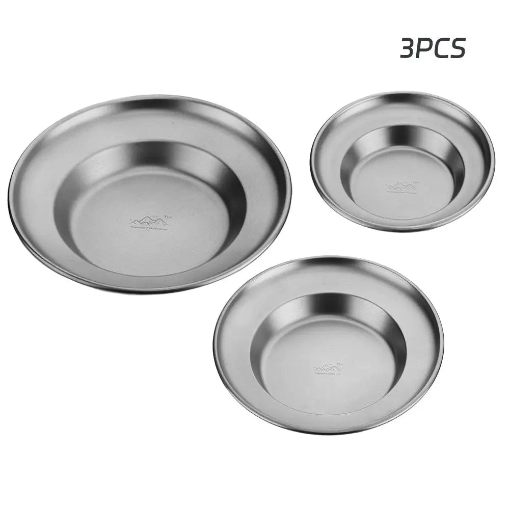 Outdoor Camping Steak Pizza Fruit Cake Snack Deep Disc Anti-overflow Plate Titanium Purified Stainless Steel Dinner Plate Set Peaceful Pleasures Health and Wellness set