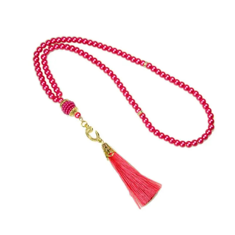 Islamic Prayer Beads 99Pcs 6MM Glass Pearls Rosary Necklace with Tassel for Muslim Spiritual Practice and Gifts Peaceful Pleasures Health and Wellness Red