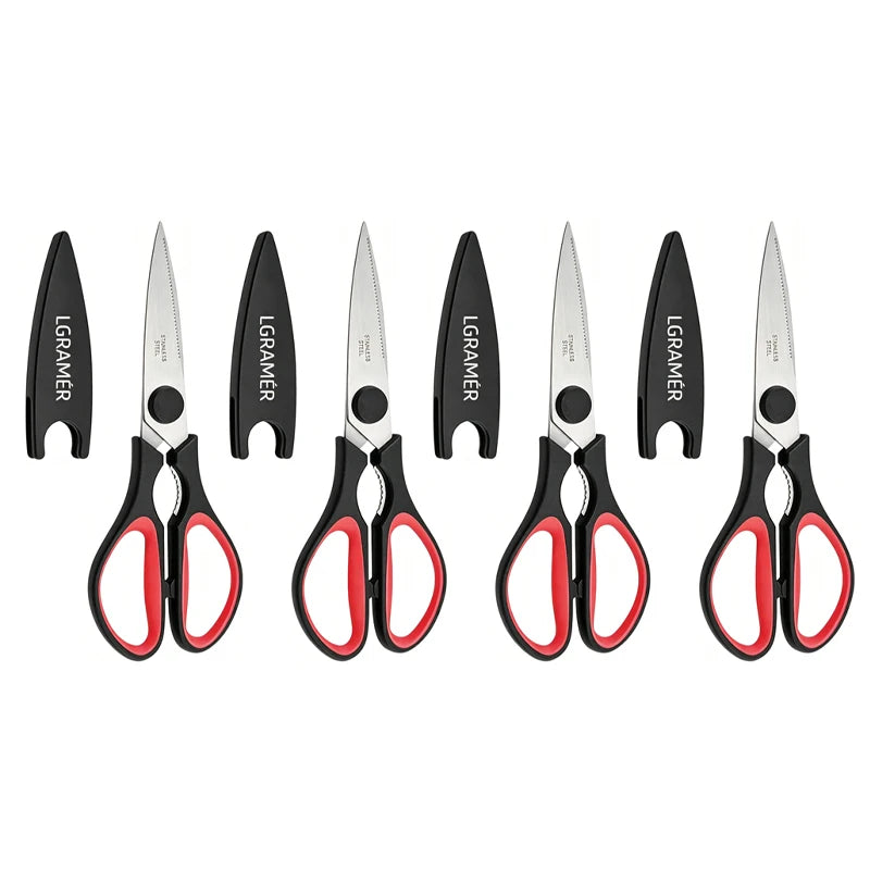 Red Stainless Steel Kitchen Scissors | Serrated Shears & Opener
