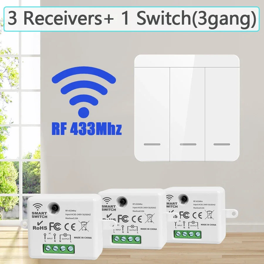 433MHz Wireless Smart Wall Switch 1/2/3 Gang RF Remote Relay