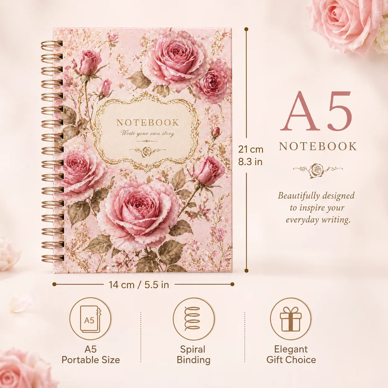 Retro Pink Rose Stamping Coil Notebook Girl Heart Art Handbook