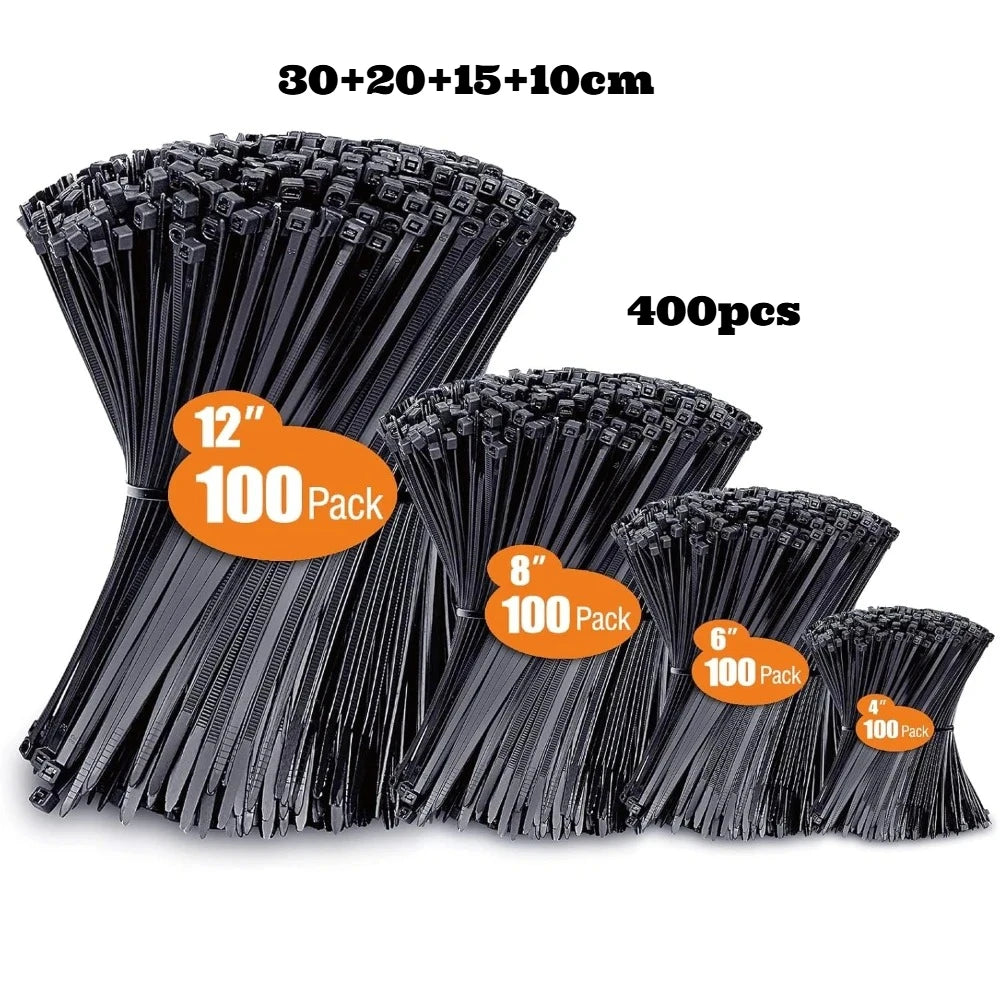 400 Pack Assorted Black Zip Ties 4" 6" 8" 12" UV Resistant Nylon