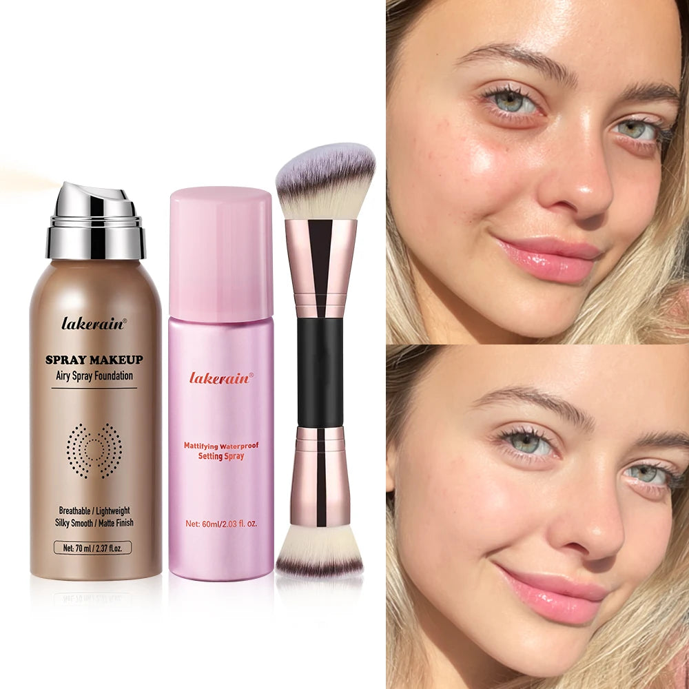 3Pcs Magic Airbrush Foundation Spray Makeup Set With Setting Spray & Makeup Brush Waterproof Matte Flawless Silky Mist Long Last Peaceful Pleasures Health and Wellness set4